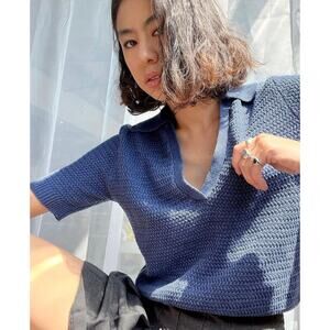 The Reset Chain Link The Eco Polo Sweater Top Denim Blue Textured Knit Size S